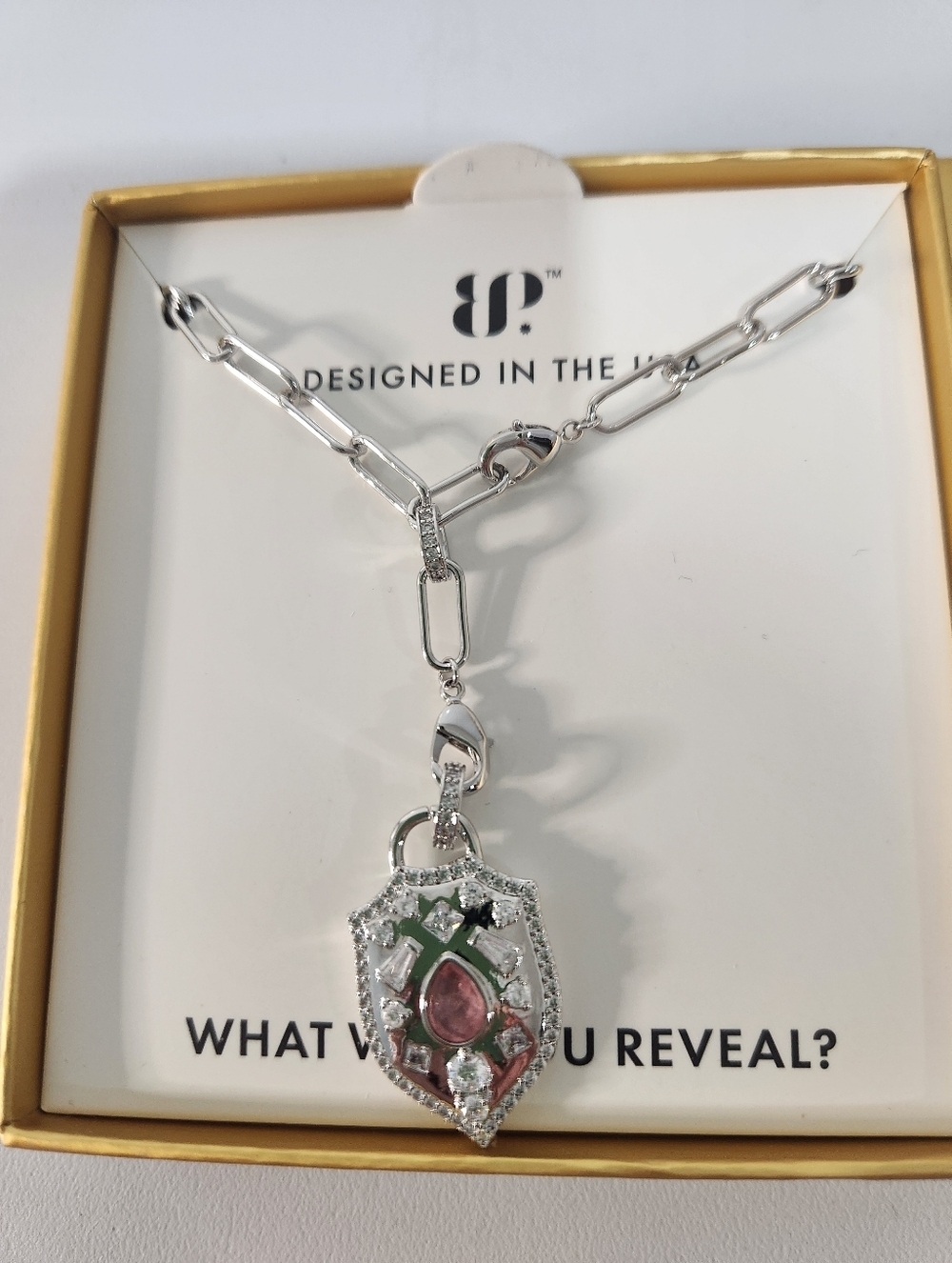 BP Rhodoum Guardian Shield Pendant Necklace with Pink Center Stone